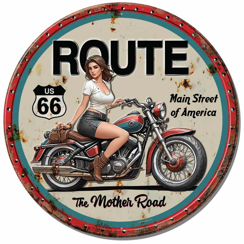 Fém tábla The Mother Road Lady Biker 30 cm