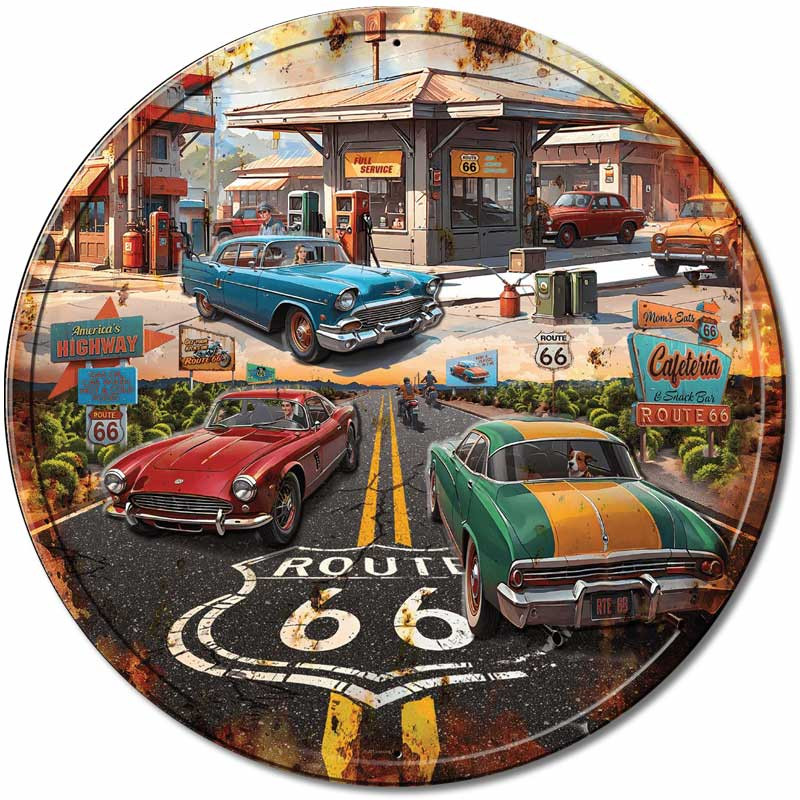 Fém tábla Route 66 Gas round 30 cm