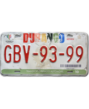 Mexikói rendszám Durango GBV-93-99