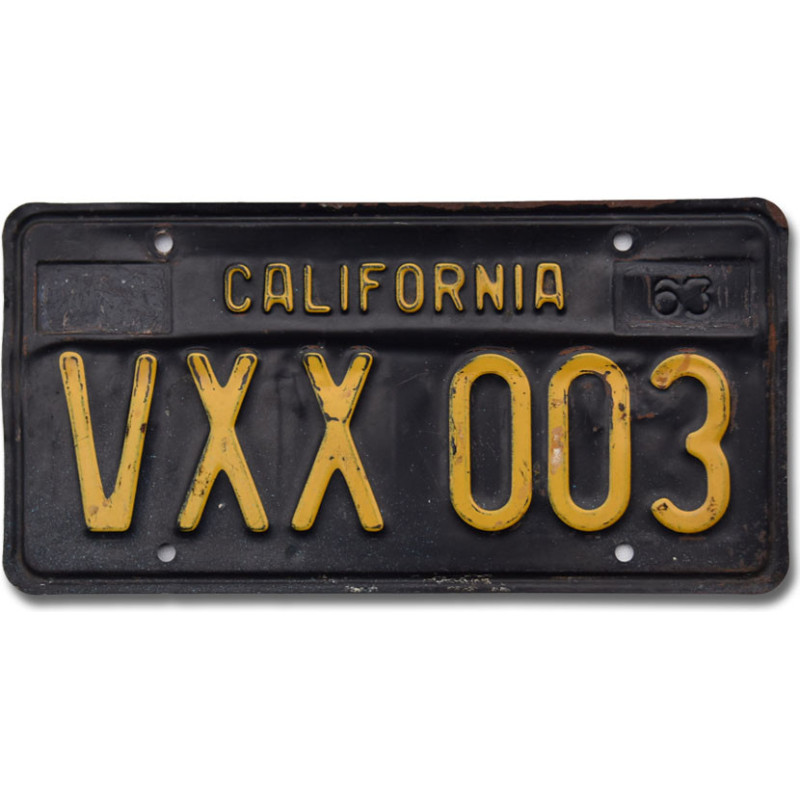 Amerikai rendszám California 1963 Black VXX 003