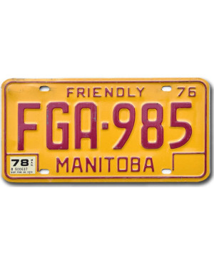 Kanadai rendszám Manitoba 1976 Friendly FGA-985
