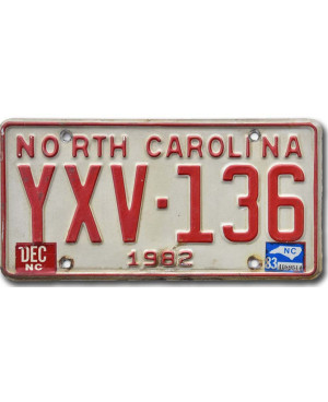 Amerikai rendszám North Carolina 1982 Red YXV-136