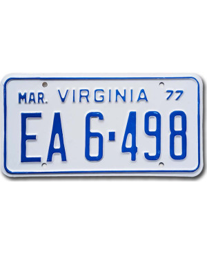 Amerikai rendszám Virginia 1977 White EA6-498