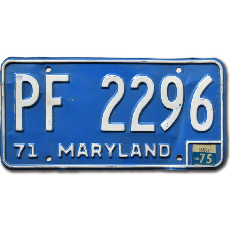 Amerikai rendszám Maryland 1971 Blue PF 2296