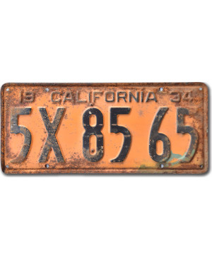 Amerikai rendszám California 1934 Yellow 5X8565