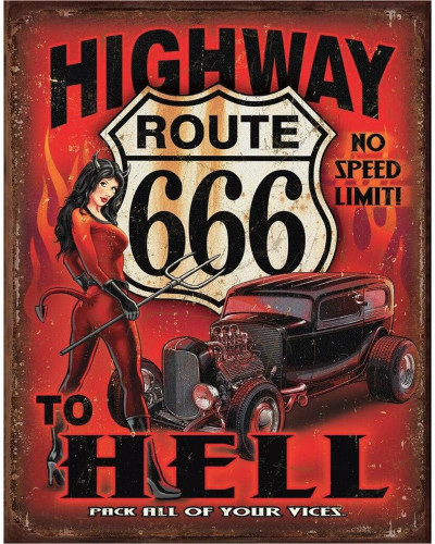 Fém tábla Route 666 - Highway to Hell 32 cm x 40 cm