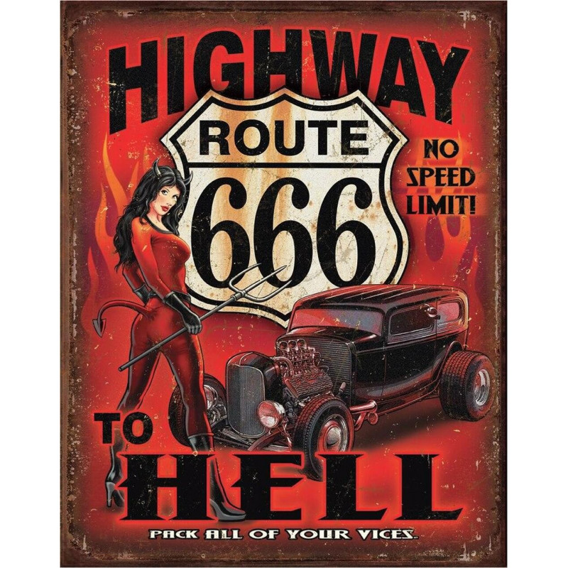 Fém tábla Route 666 - Highway to Hell 32 cm x 40 cm