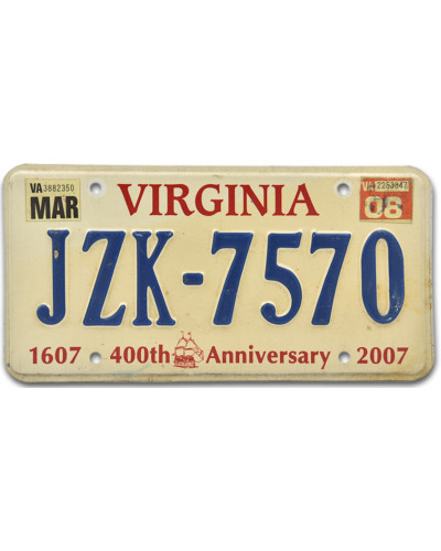 Amerikai rendszám Virginia 400th Anniversary JZK 7570