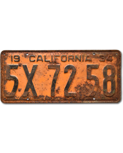 Amerikai rendszám California 1934 Yellow 5X-7258 rear