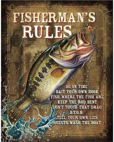 Fém tábla JQ - Fisherman 's Rules 40 cm x 32 cm