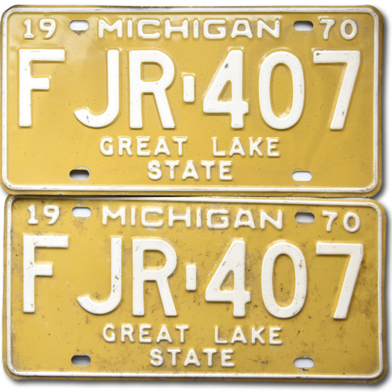 Amerikai rendszám Michigan 1970 Yellow FJR-407 pár