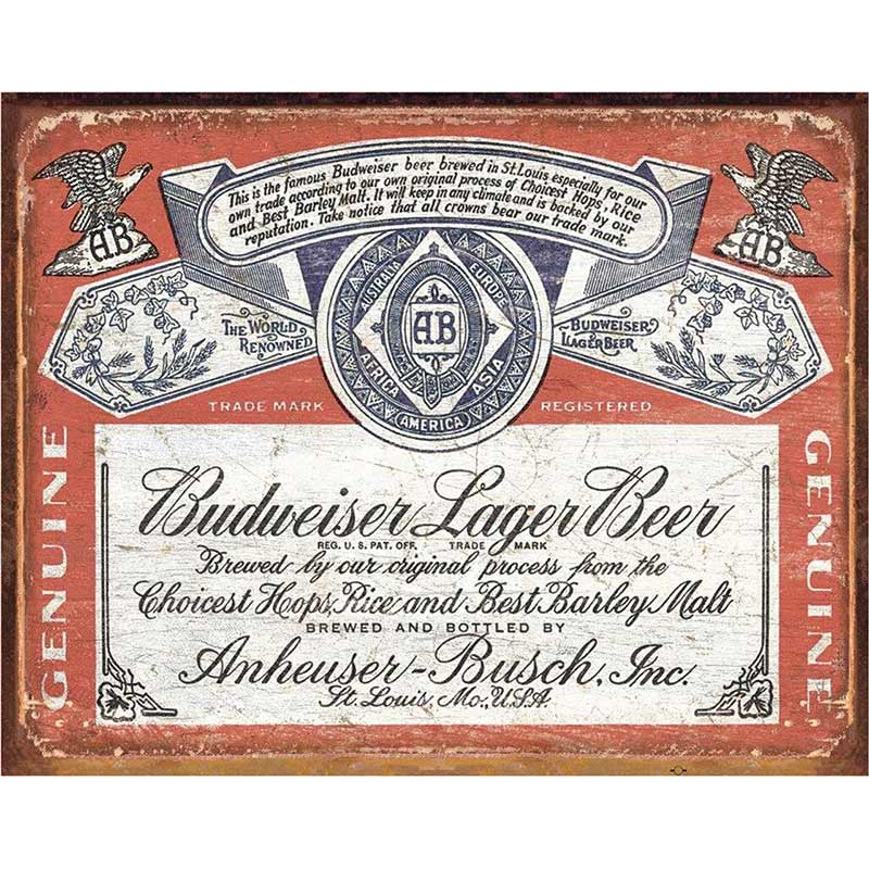 Fém tábla Budweiser Historic Label 32 cm x 40 cm